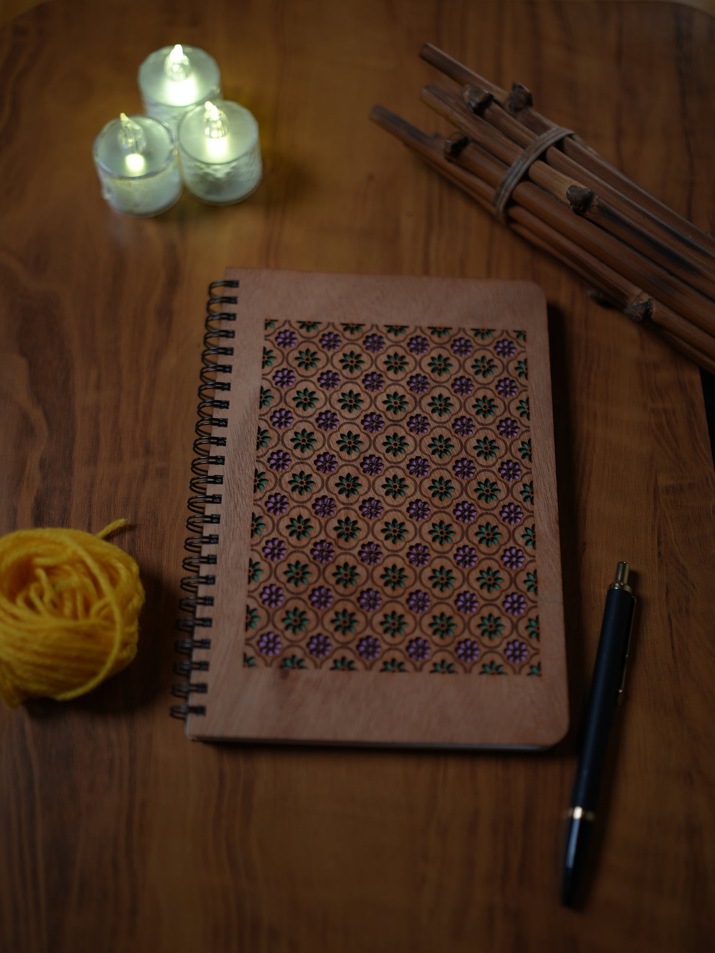 A5 Wood Wire O Books - Dot Grid (Floral)